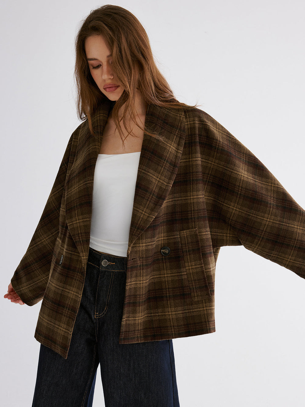 Wool-blend Gingham Loose Coat — women's wool coats, back view
