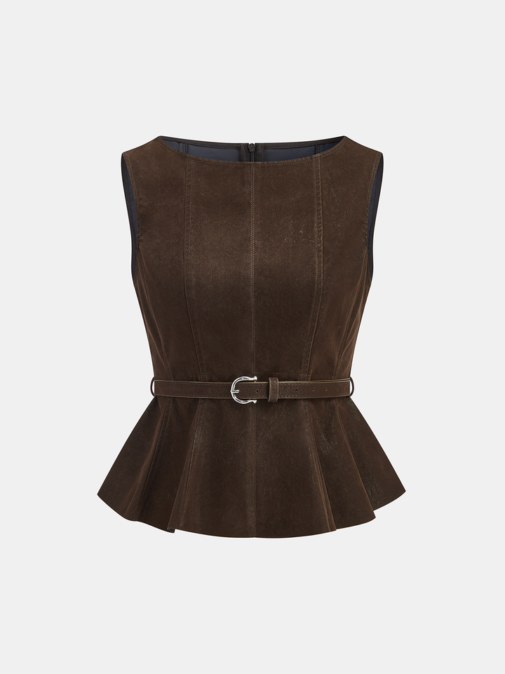 Angled front flat of brown faux leather sleeveless peplum top with buckled waist