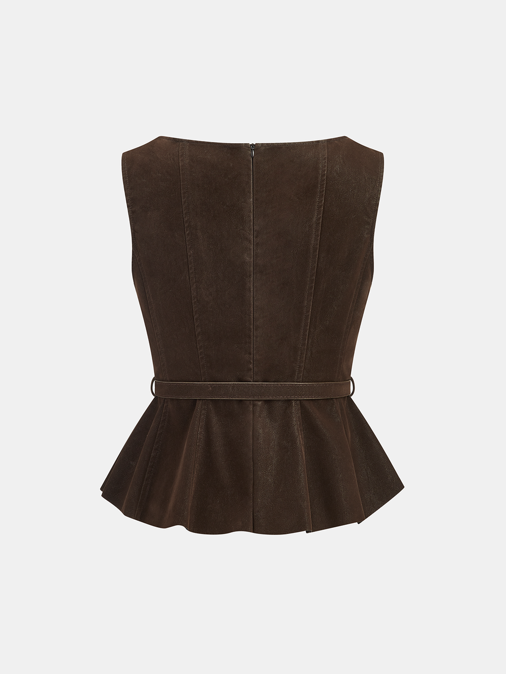 Belted Distressed Faux Leather Vest — women's vests, back view