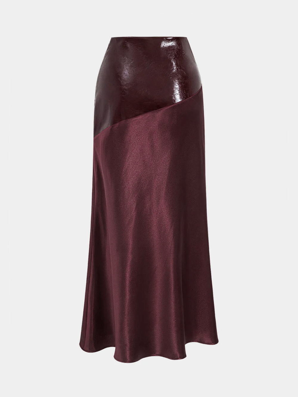 Faux Leather Panel Asymmetric Satin Maxi Skirt — women's skirts, back view