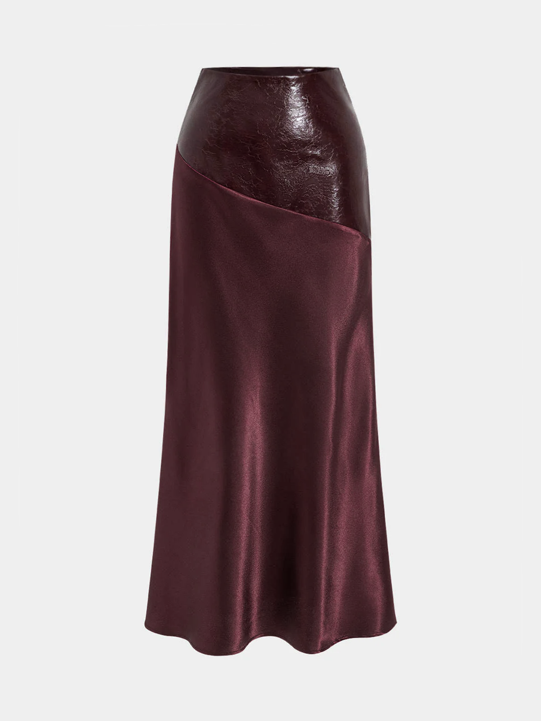 Faux Leather Panel Asymmetric Satin Maxi Skirt — women's skirts, front view
