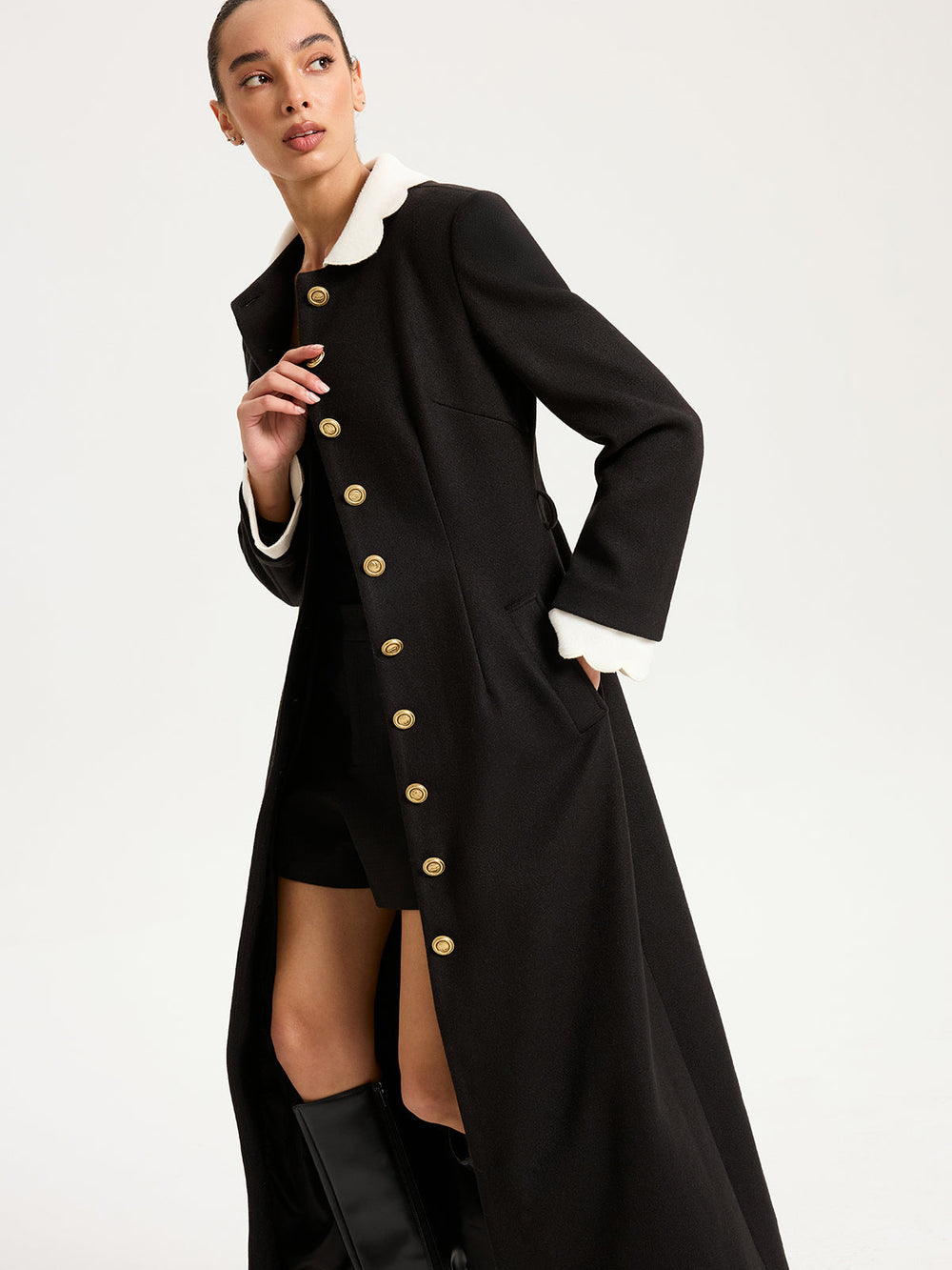 Contrast Collar Metal Button Longline Coat — women's wool coats, back view