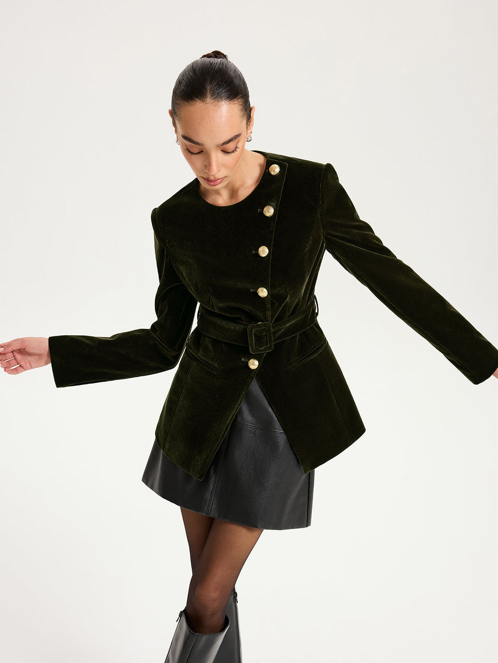 Velvet Button-Front Asymmetric Blazer — women's blazers, back view