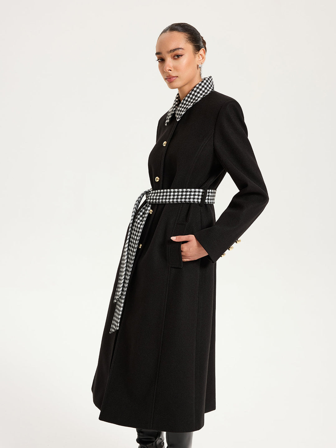 Belted Houndstooth Collar Long Coat
