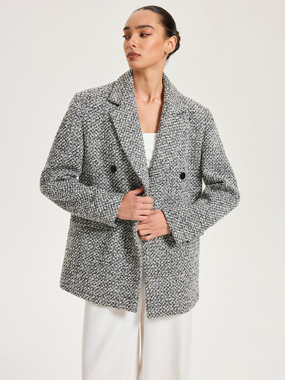 Wool-Blend Tweed Double-Breasted Blazer — women's blazers, back view