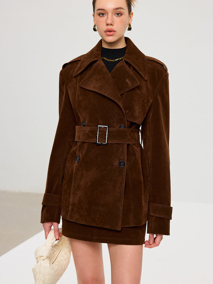 Belted Suede Effect Trench Coat