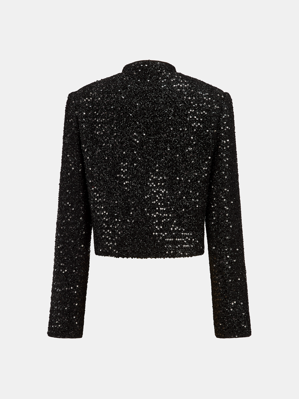 Back view of the black sparkle tweed bolero jacket with stand collar and long sleeves