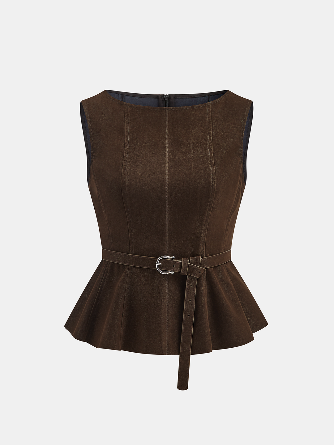 Belted Distressed Faux Leather Vest — women's vests, front view