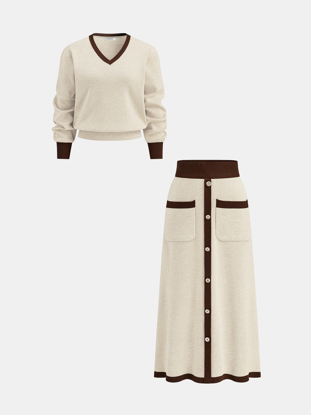 Contrast Trim Knit Top and Midi Skirt Set - women's two-piece skirt set, three-quarter view