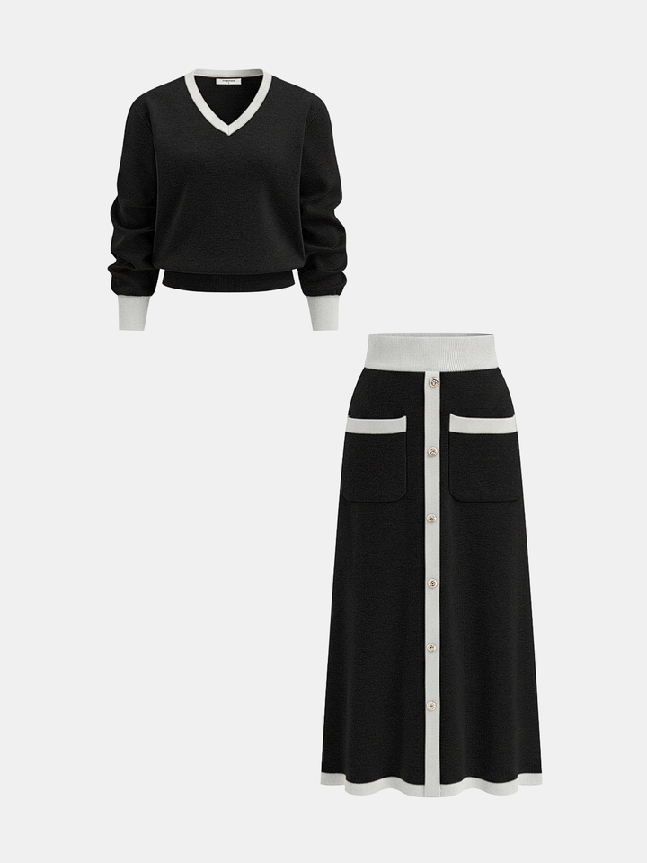 Contrast Trim Knit Top and Midi Skirt Set - women's two-piece skirt set, styled look