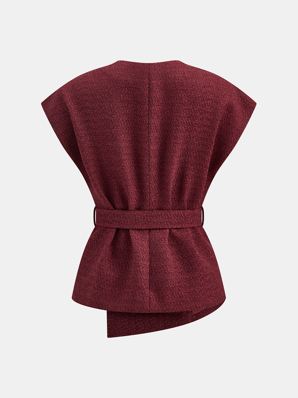 Back view of burgundy cap sleeve vest with belted waist and draped peplum