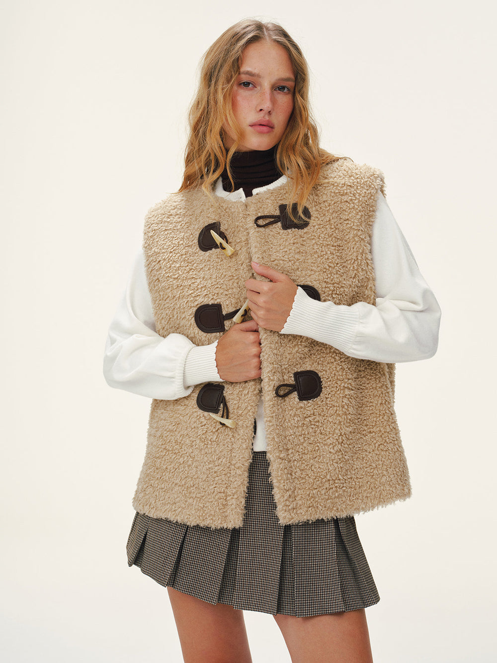 Faux Leather Buckle Fleece Sleeveless Vest — women's vests, back view