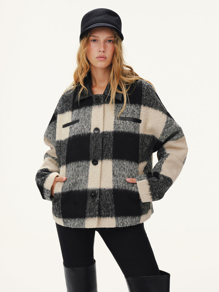 Faux Leather Collar Plaid Faux Cashmere Coat