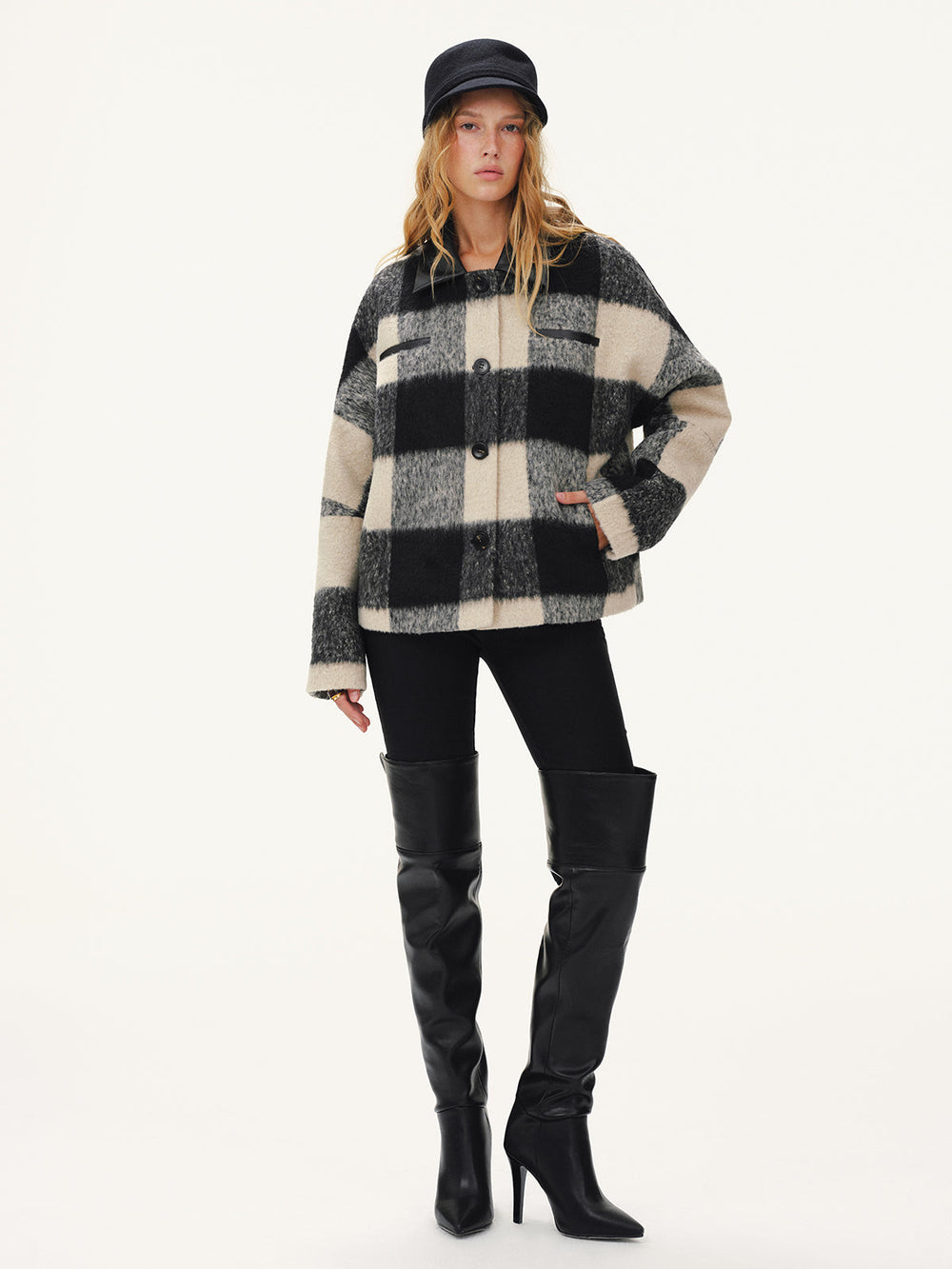 Faux Leather Collar Plaid Faux Cashmere Coat — women's wool coats, back view