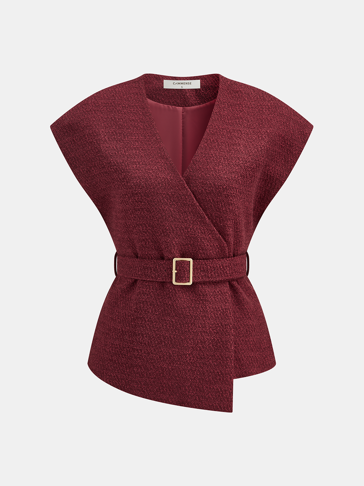 Belted Asymmetric Cap Sleeve V-Neck Vest