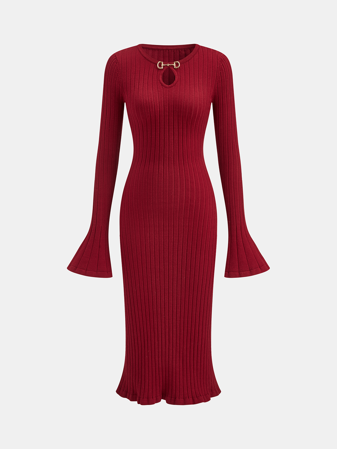 Bell Sleeve Mermaid Hem Horsebit Knit Midi Dress — women's sweater dresses, front view