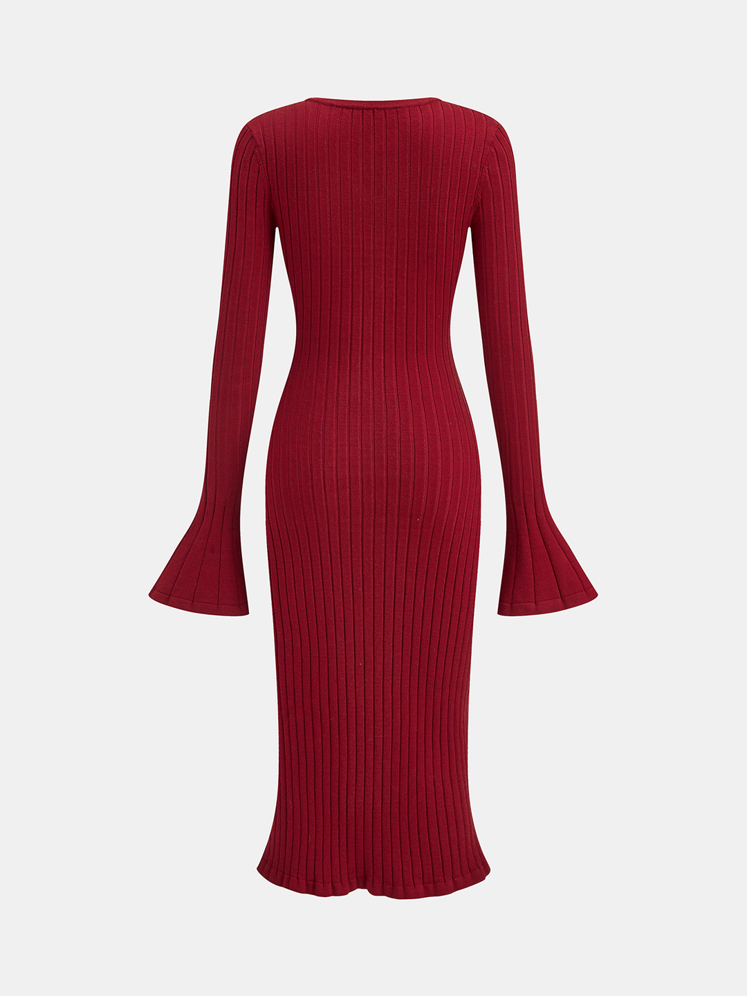 Back view of the red bell sleeve knit midi dress with fitted mermaid hem