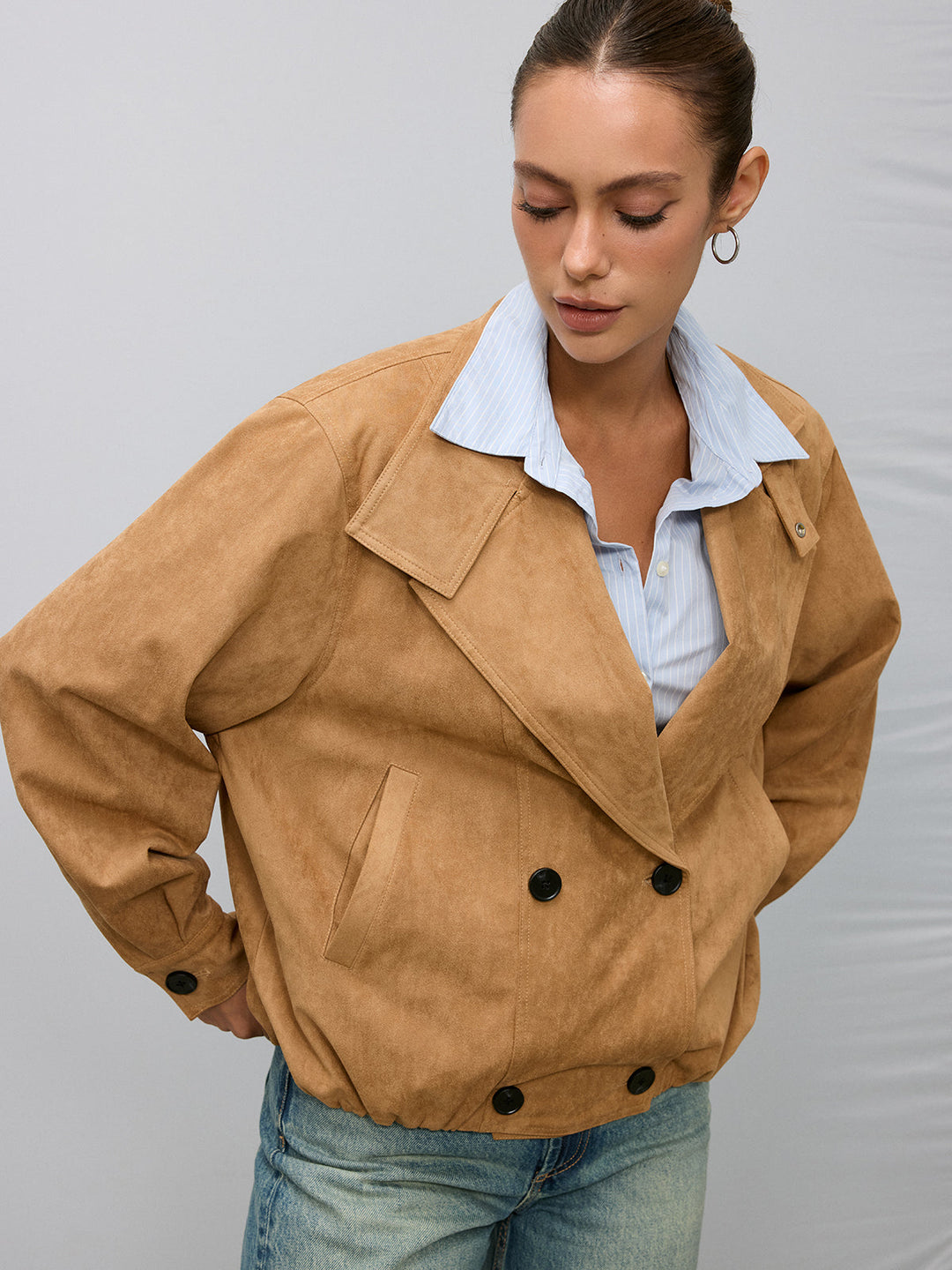 Double-Breasted Suede Effect Trench Coat