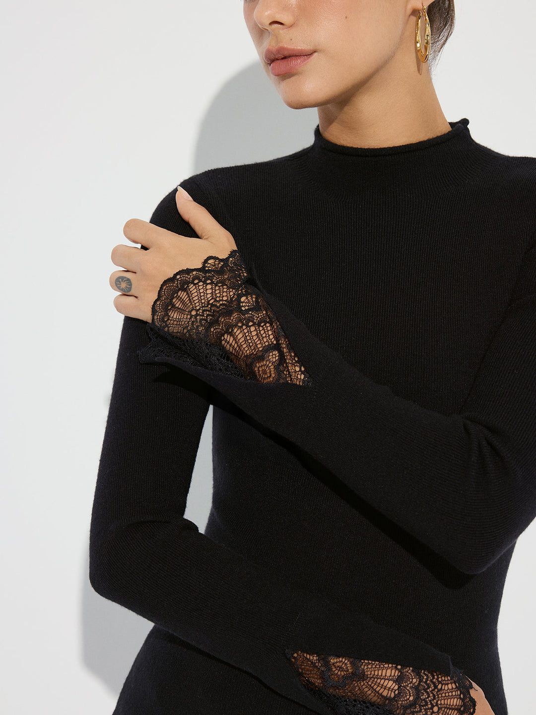 Mock Neck Lace Cuff Knit Top - women's knit top, back view