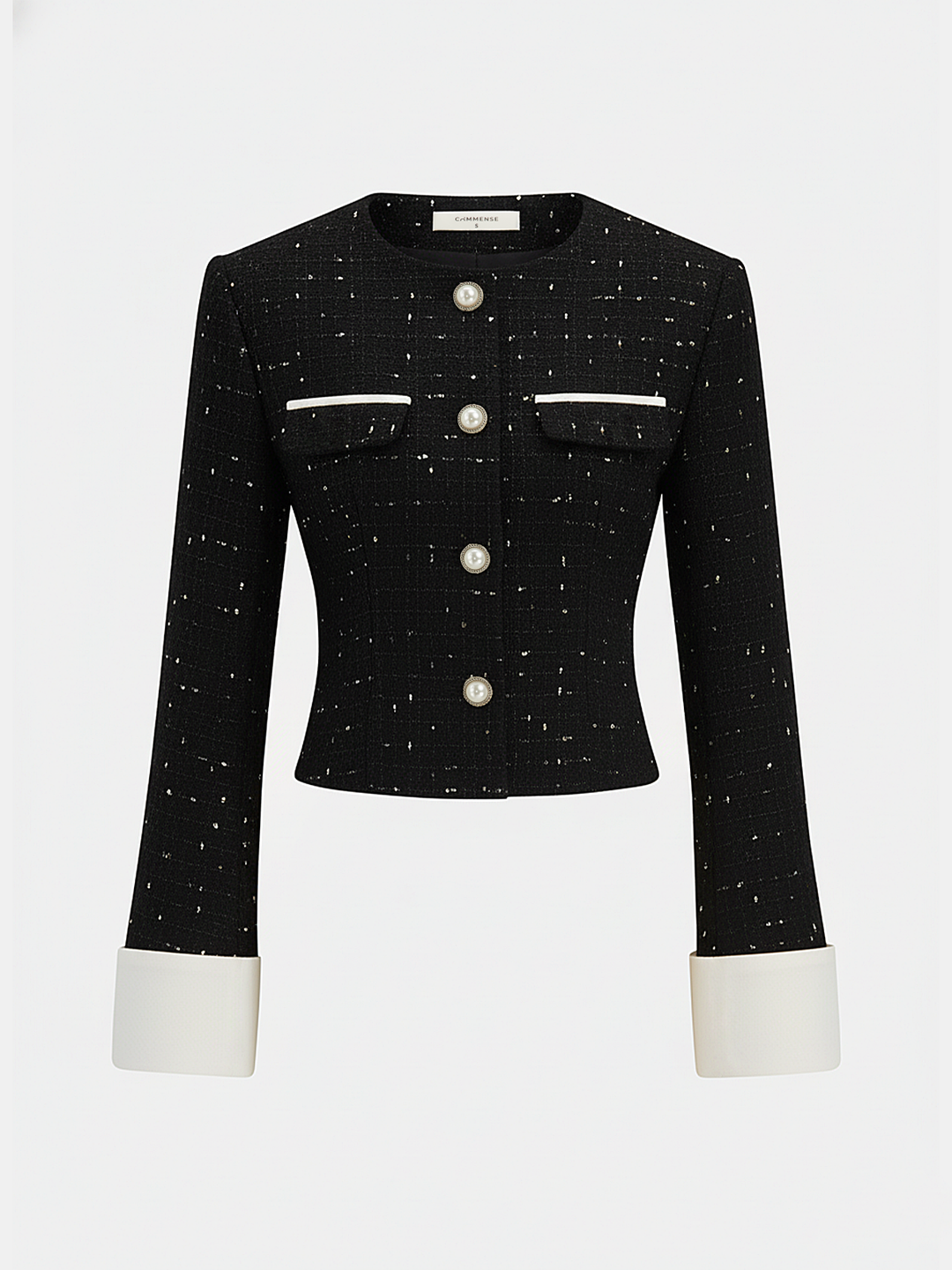 Black tweed pearl button jacket variant with white contrast cuffs and chest pockets