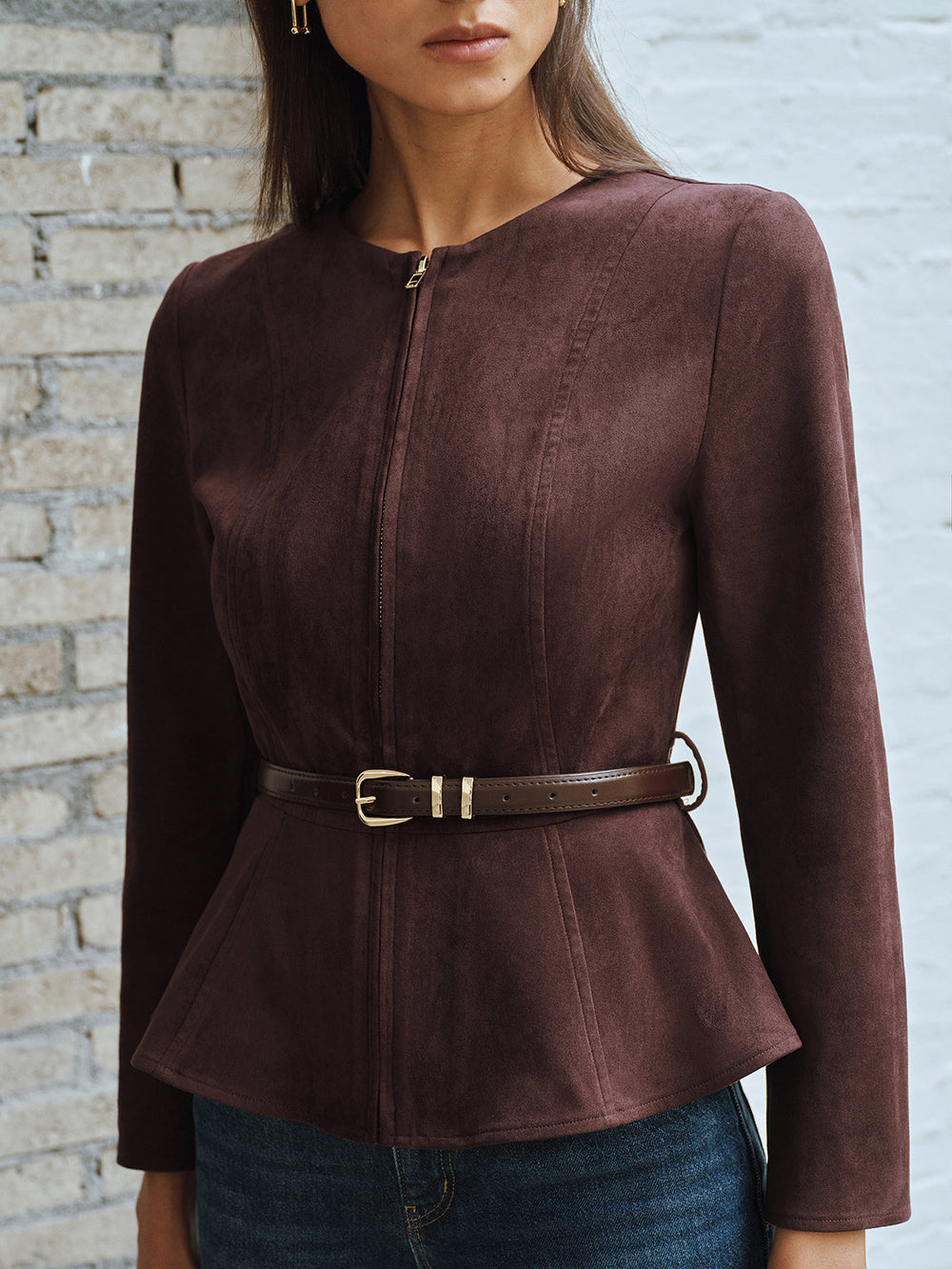 Belted Suede Effect Zipper Jacket — women's jackets, back view