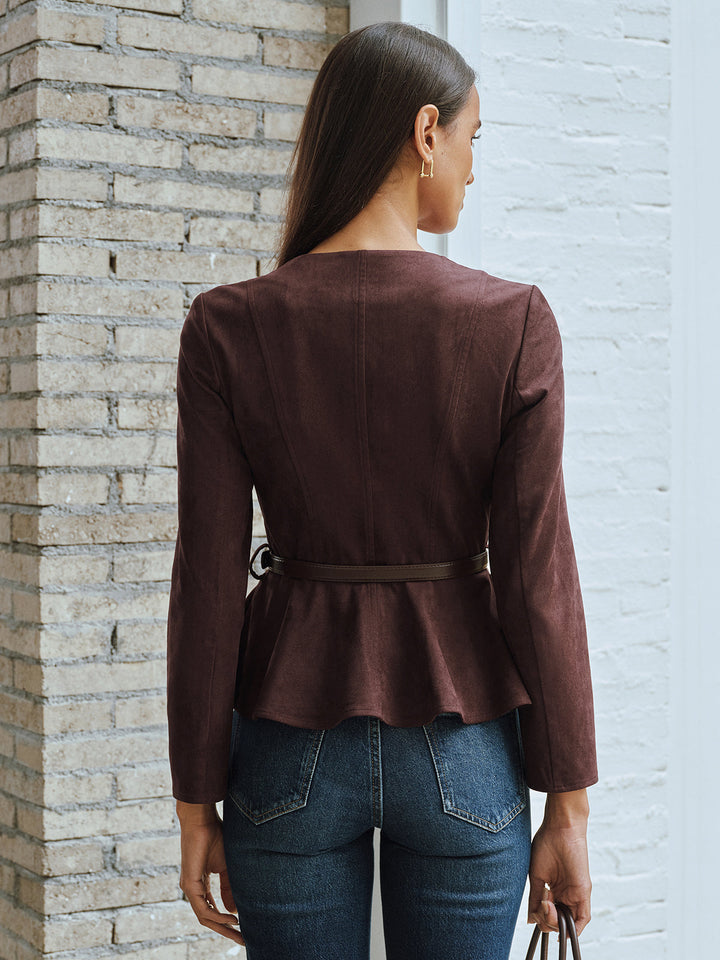 Back view of belted brown suede effect peplum jacket with fitted waist