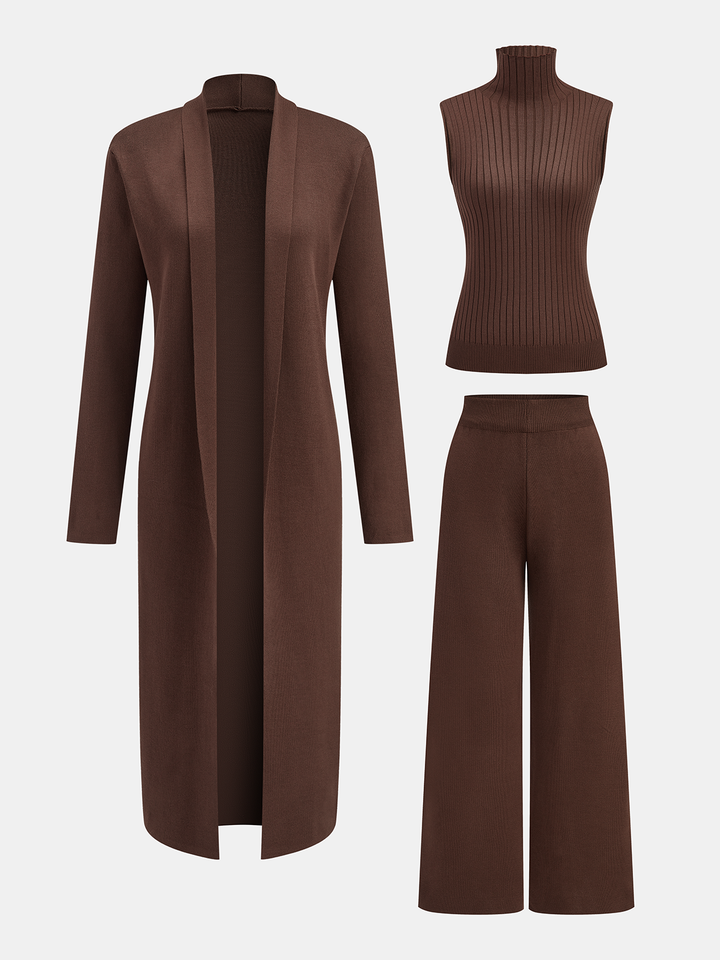 Three-Piece Knit Turtleneck Top Cardigan Pants Set - women's two-piece trouser set, front view