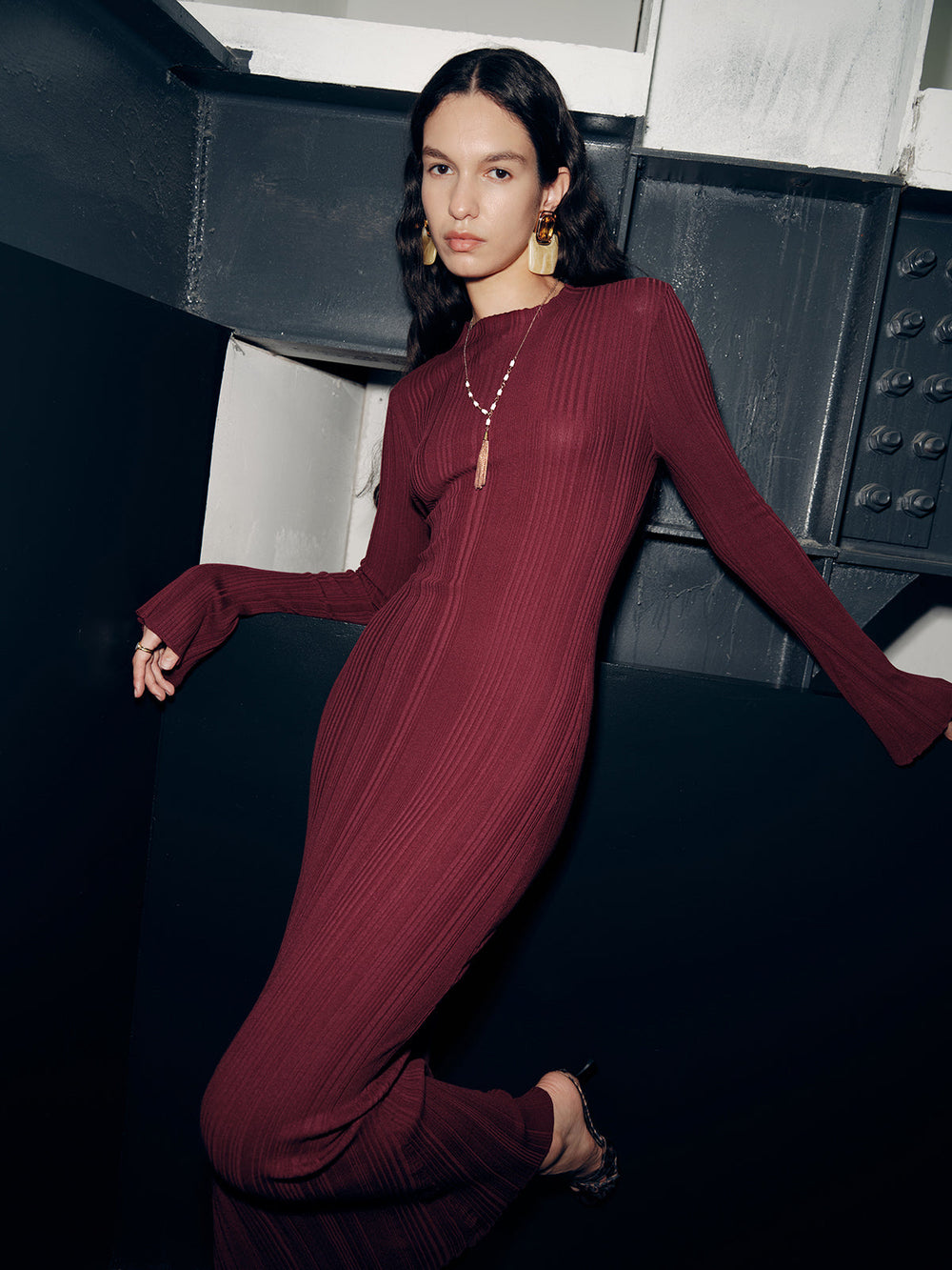 Slim-Fit Long Sleeve Knit Maxi Dress — women's sweater dresses, back view