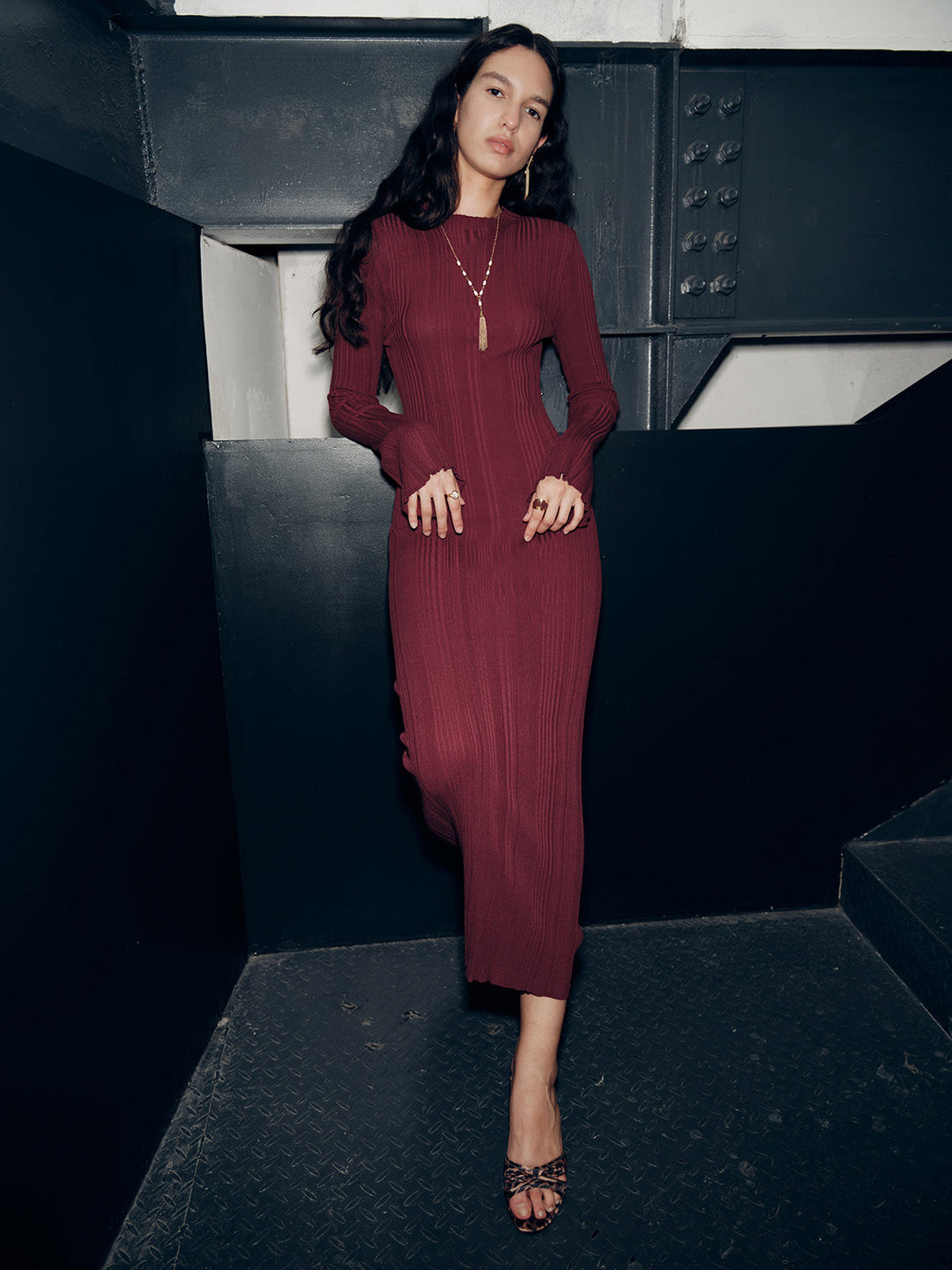 Slim-Fit Long Sleeve Knit Maxi Dress — women's sweater dresses, front view