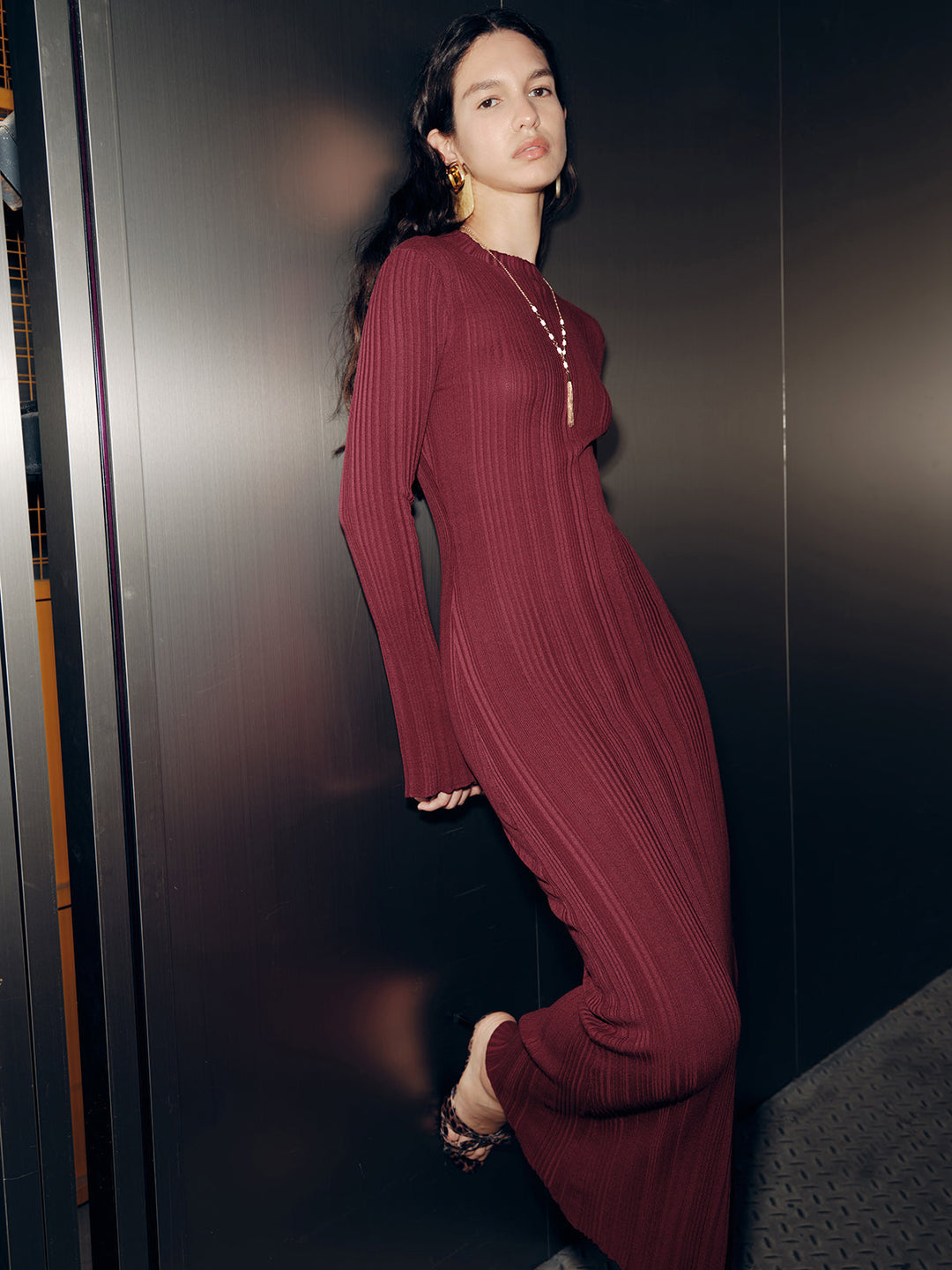 Slim-Fit Long Sleeve Knit Maxi Dress