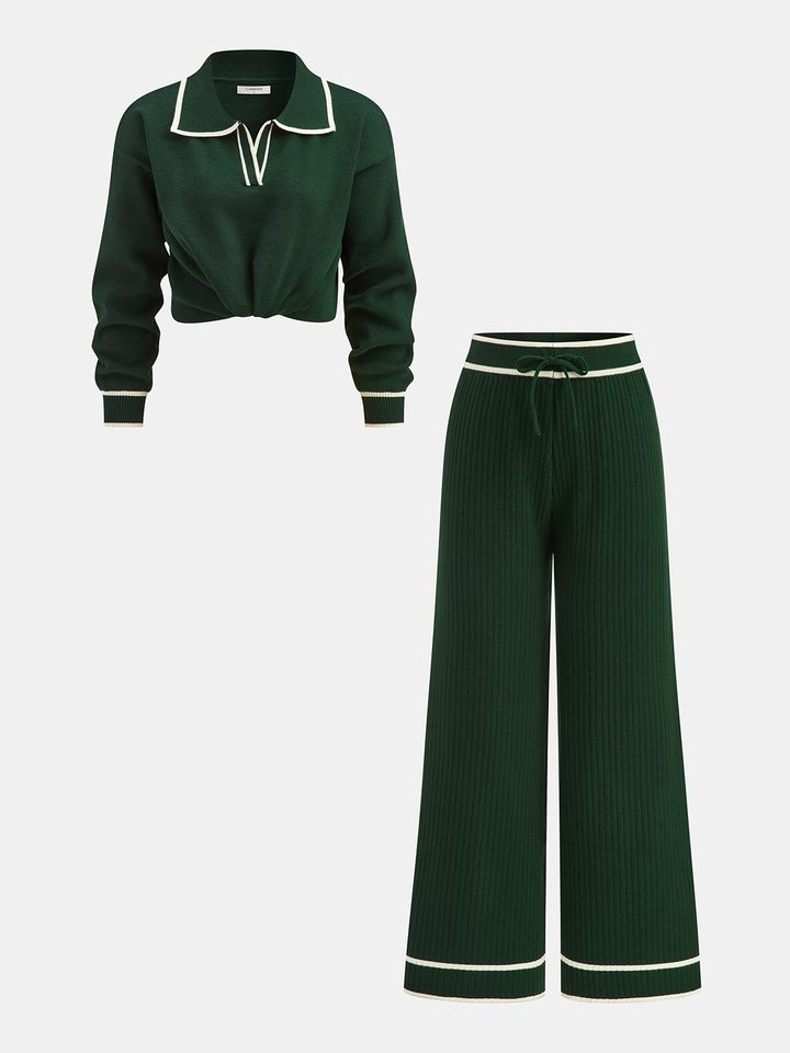 Knitted Contrast Trim Polo Top and Pants Set - women's two-piece trouser set, front view