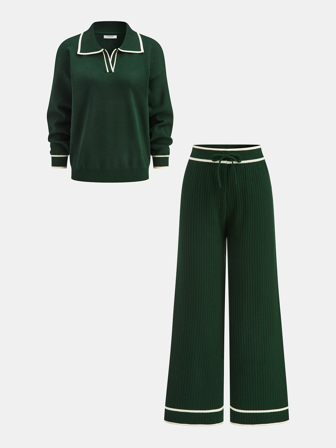 Knitted Contrast Trim Polo Top and Pants Set - women's two-piece trouser set, styled with heels
