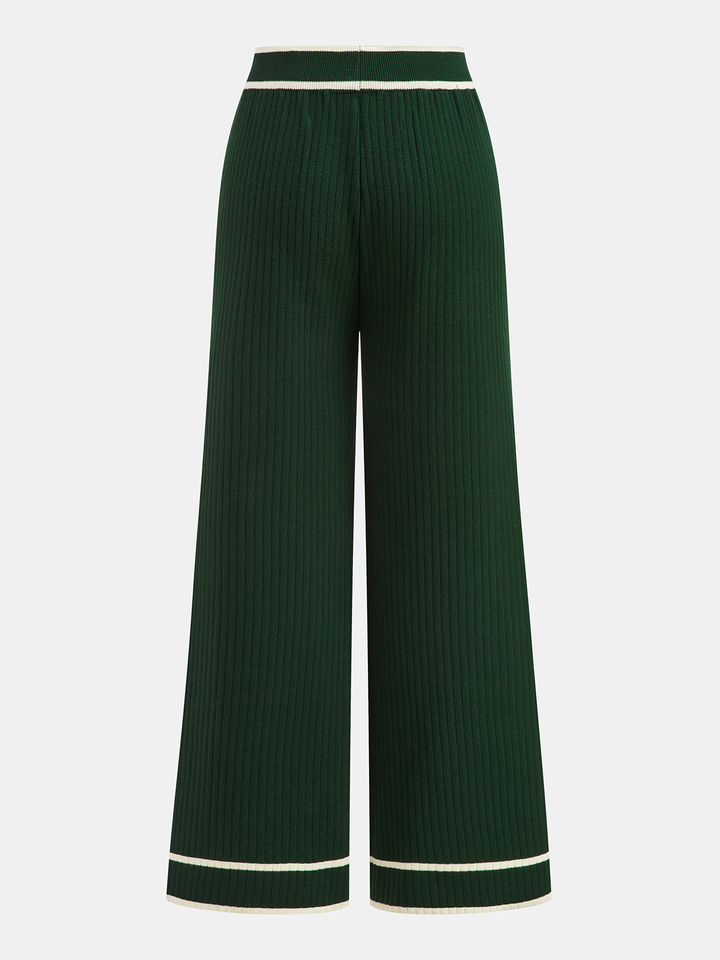 Knitted Contrast Trim Polo Top and Pants Set - women's two-piece trouser set, full-length styled look