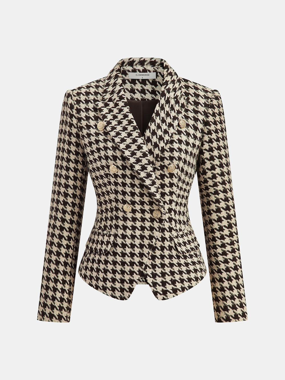 Metal Button Houndstooth Tweed Blazer — women's blazers, back view