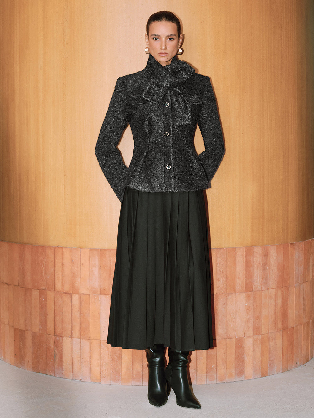 Button-Front Wool-Blend Coat with Scarf — women's wool coats, back view