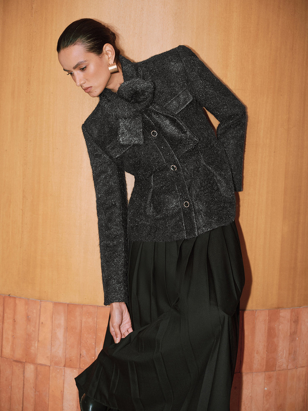 Button-Front Wool-Blend Coat with Scarf