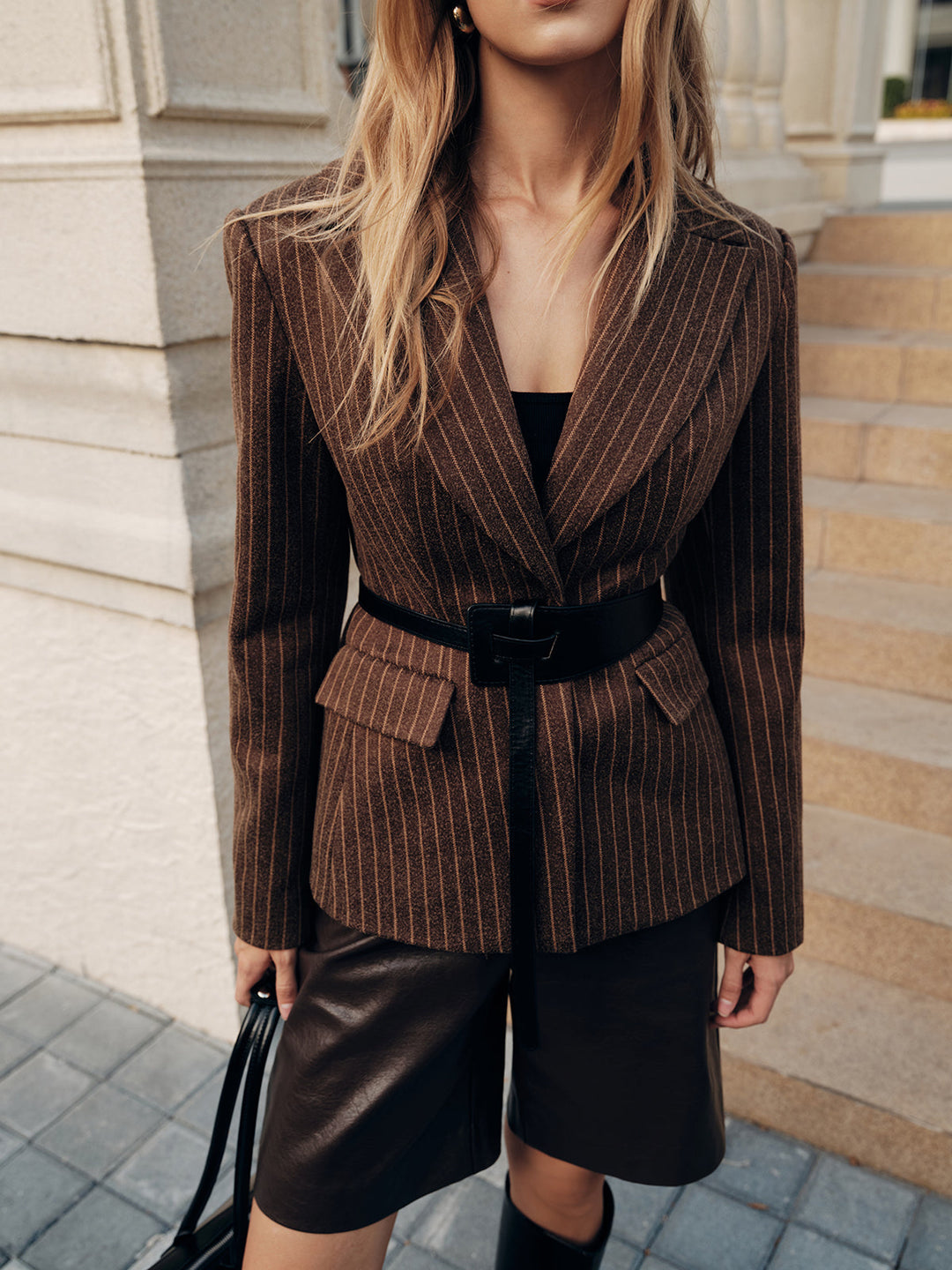 Belted Striped Tweed Blazers — women's blazers, front view