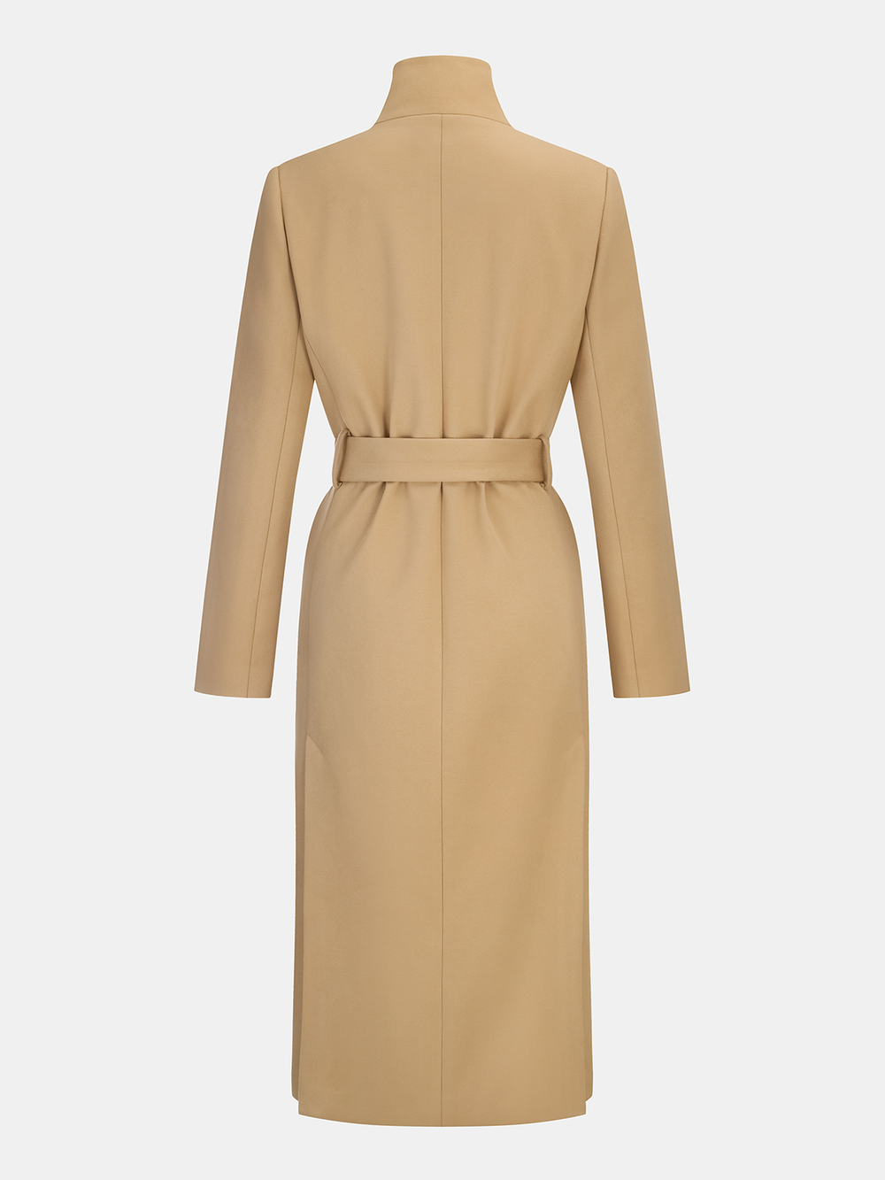 Belted Metal Button Stand Collar Longline Coat — women's wool coats, back view
