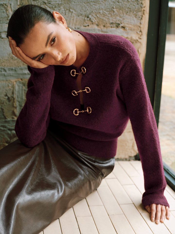 Horsebit Detail Long Sleeve Sweater - women's sweater, fabric detail