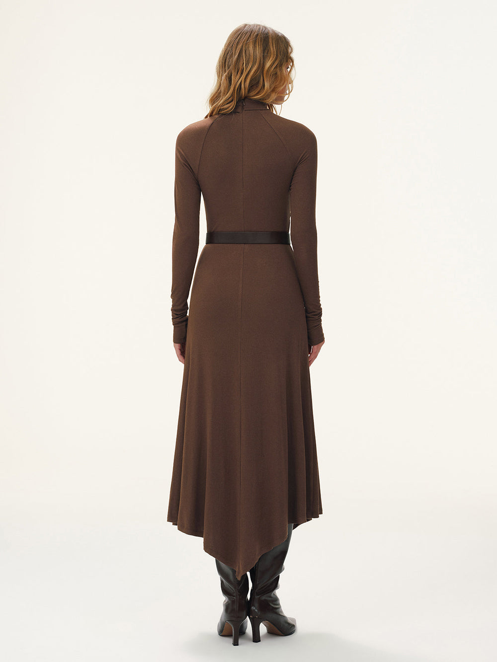 Belted Turtleneck Asymmetric Maxi Dress — women's dresses, back view