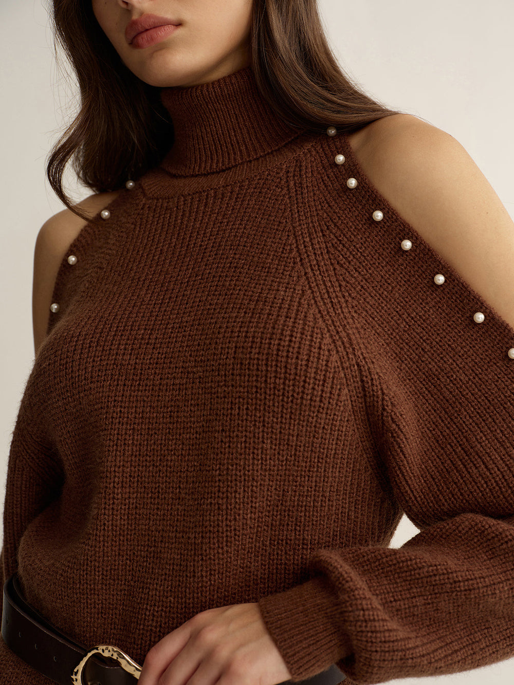 Belted Cold-Shoulder Turtleneck Knit Dress — women's sweater dresses, back view