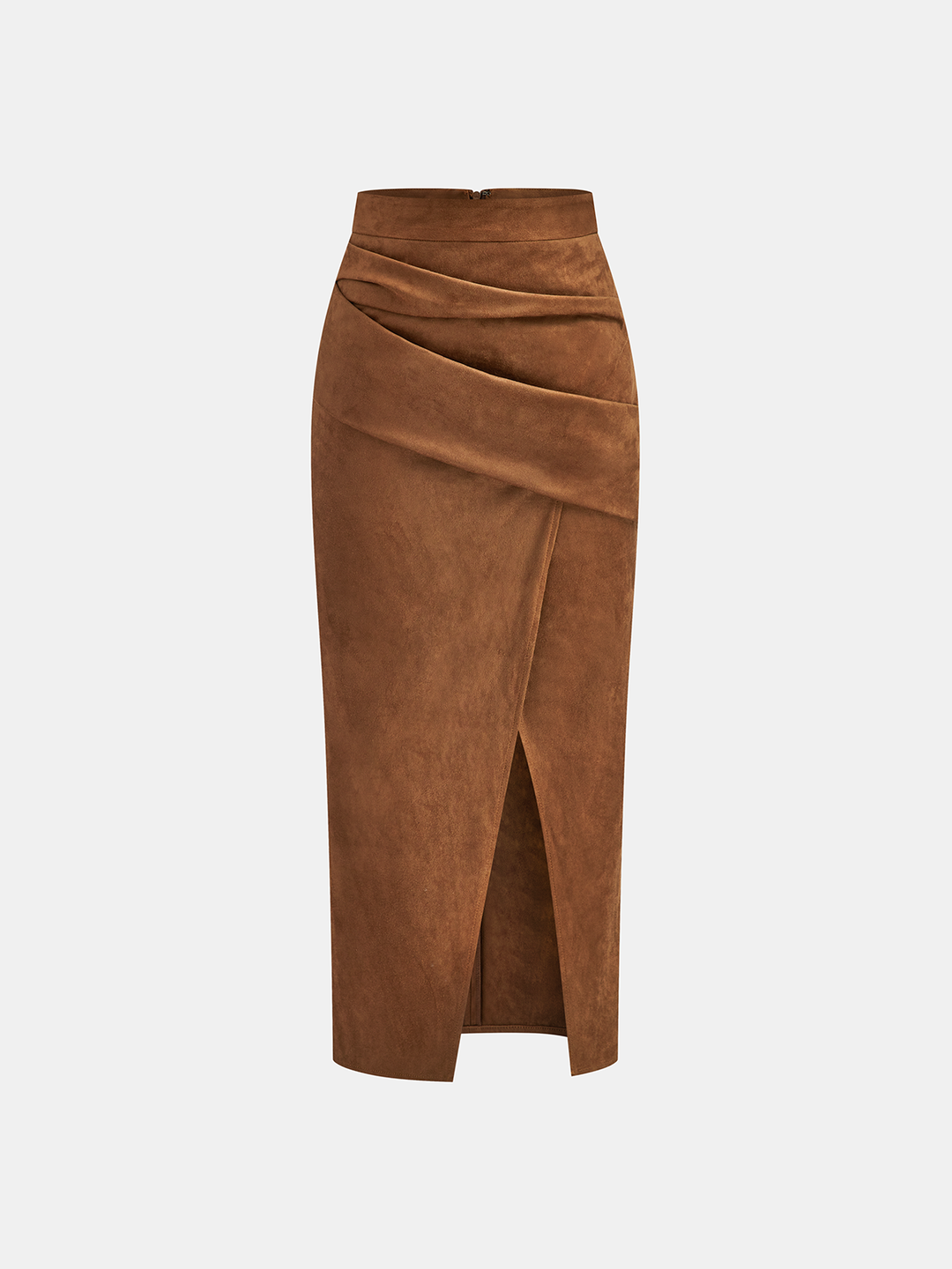 Draped Slit Suede Effect Midi Skirt — women's skirts, front view