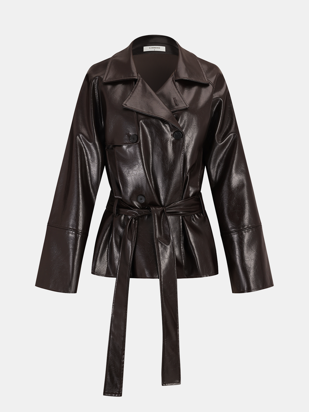 Three-quarter angle of the short brown faux leather trench with knotted belt