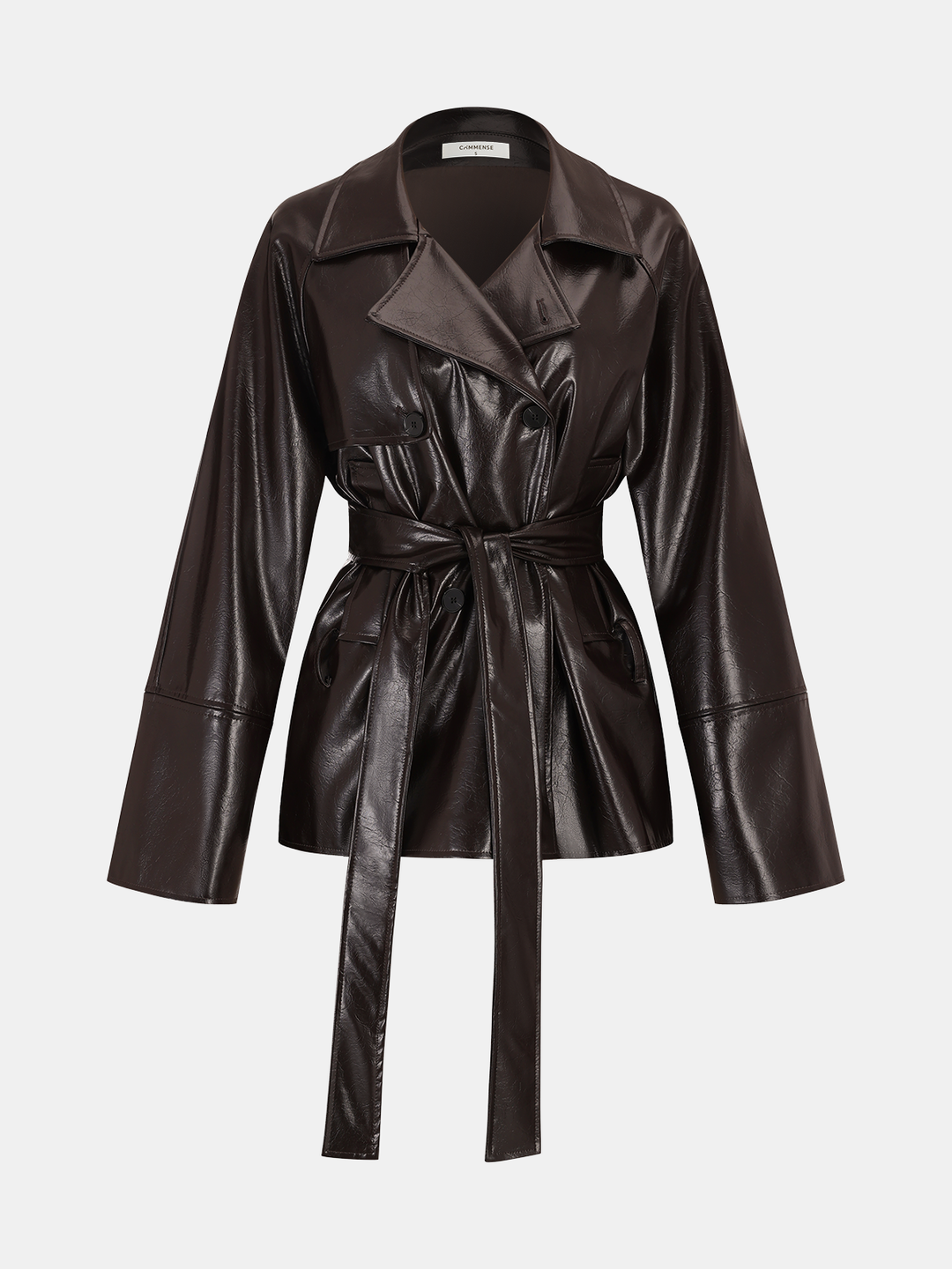 Dark brown faux leather trench coat with tie belt and notch lapels, front product shot