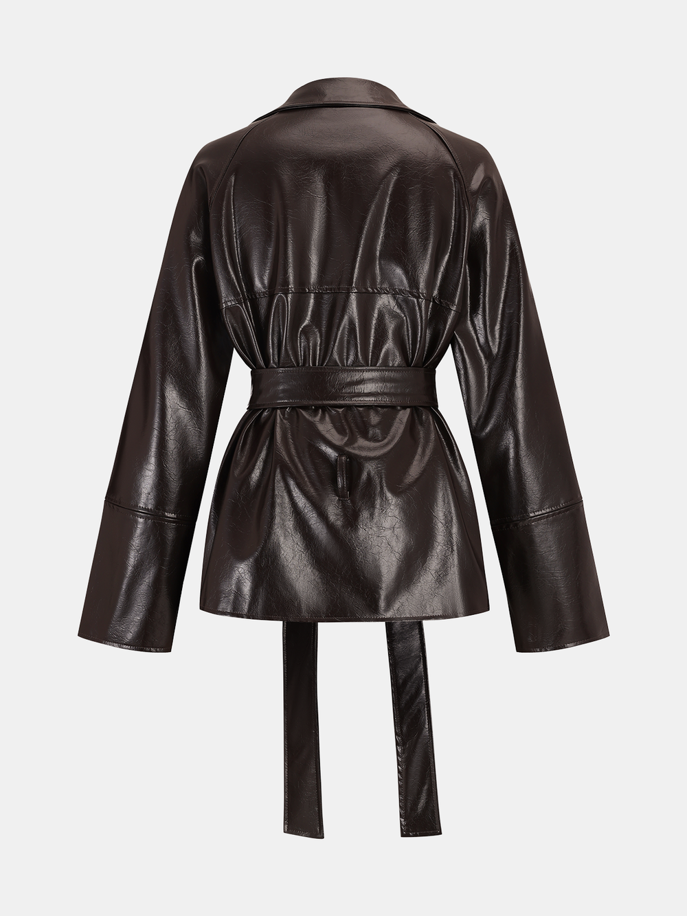 Back view of the brown belted leather coat with gathered waist and back yoke seam