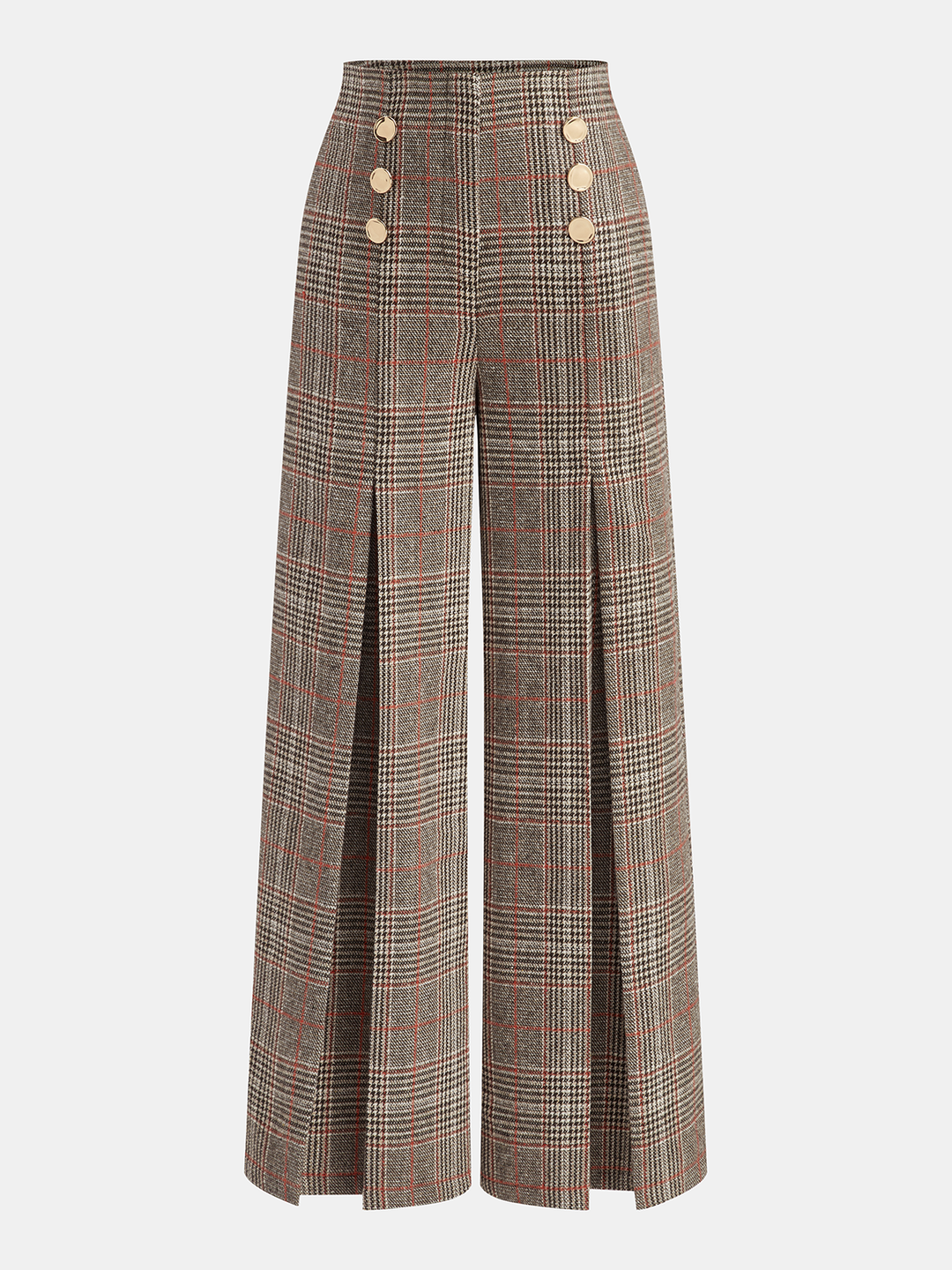 Metal Detail Slit Plaid Wide-Leg Pants — women's pants, front view