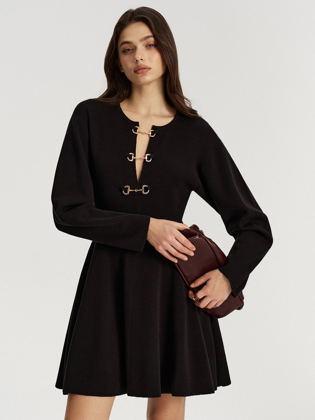 Horsebit Detail Knit Flared Dress — women's sweater dresses, front view