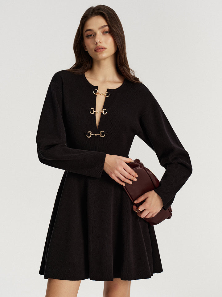Horsebit Detail Knit Flared Dress