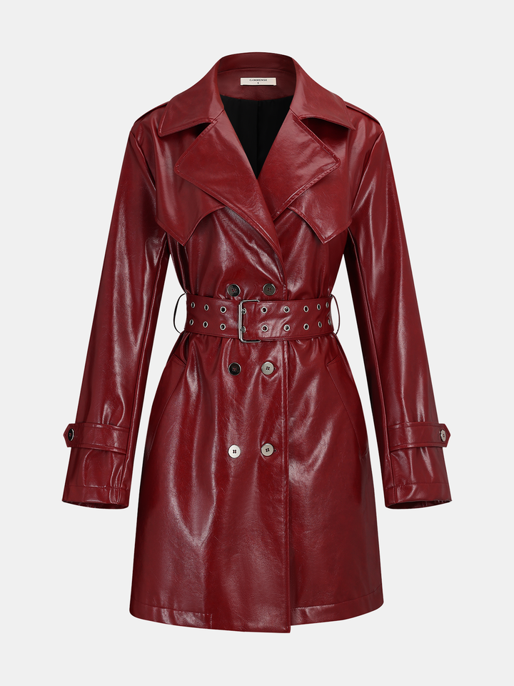 Women's burgundy faux leather belted trench coat, front view with double-breasted buttons and wide lapels