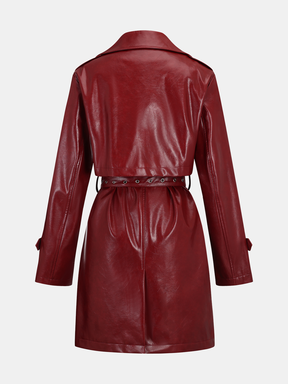 Back view of red faux leather long trench coat for women with back belt and centre vent